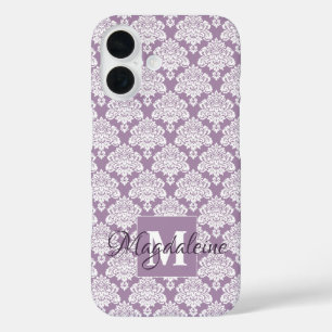 White Damask Dusty Purple Monogram & Name Pretty iPhone 16 Case