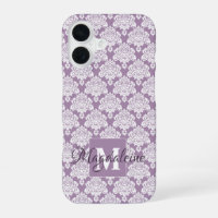 White Damask Dusty Purple Monogram & Name Pretty