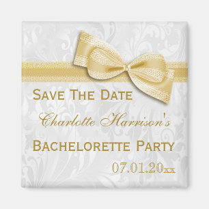 White Damask & Faux Bow Bachelorette Save The Date Magnet