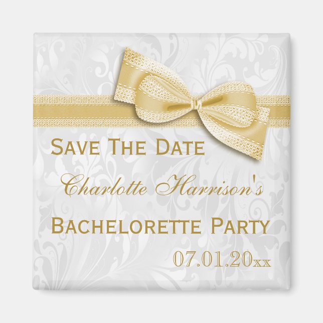 White Damask & Faux Bow Bachelorette Save The Date Magnet (Front)