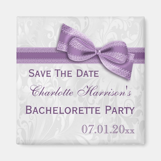 White Damask & Faux Bow Bachelorette Save The Date Magnet (Front)