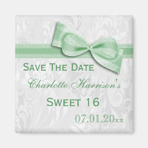 White Damask & Faux Bow Sweet 16 Save The Date Magnet