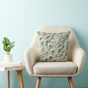 White Damask Floral Pattern -Soft Green Backgroud Cushion