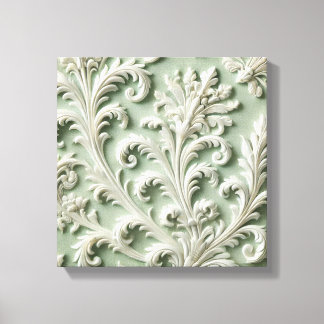 White Damask Floral Pattern Soft Green Background Canvas Print