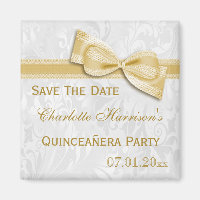 White Damask & Gold Bow Quinceañera Save The Date