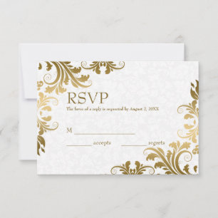 White Damask & Gold Lace RSVP Card