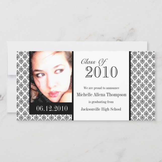 White Damask Graduation Announcement Photo Cards (Front)