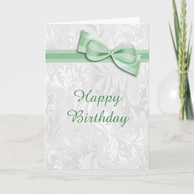 White Damask & Green Faux Bow Female Birthday Card (Front)