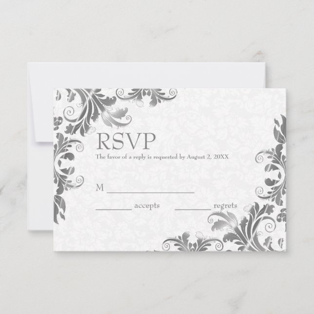 White Damask & Grey Lace RSVP Card (Front)