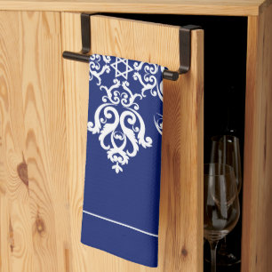 White Damask Leaves Flourish Tile on Any Colour Tea Towel