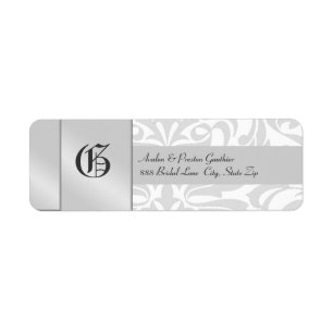 White Damask Monogram Silver Wedding Address Label