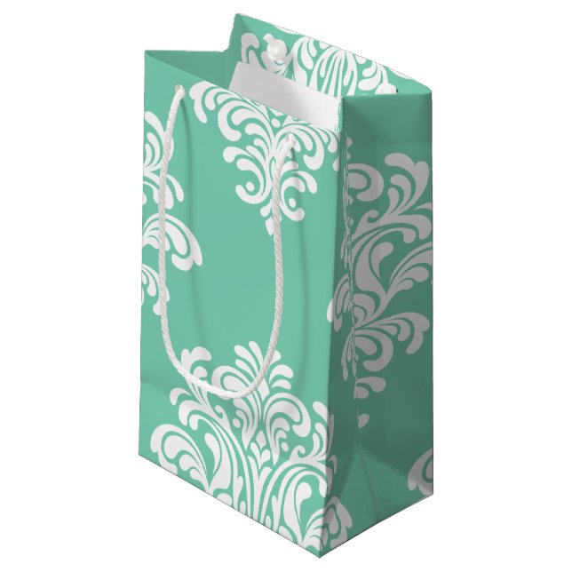 White Damask on Aqua Pattern Small Gift Bag (Front Angled)