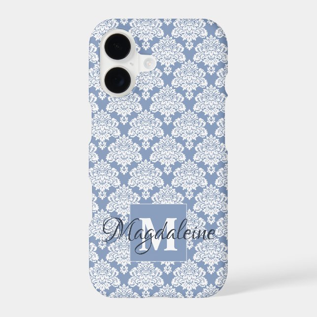 White Damask on Blue Grey Monogram & Name Pretty (Back)