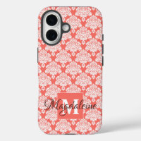 White Damask on Coral Monogram & Name Pretty