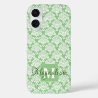 White Damask on Green Monogram & Name Pretty