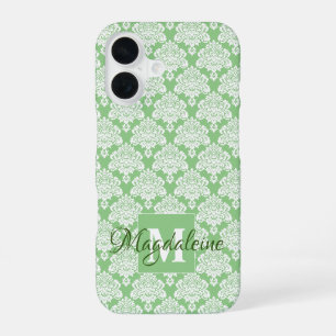 White Damask on Green Monogram & Name Pretty iPhone 16 Case