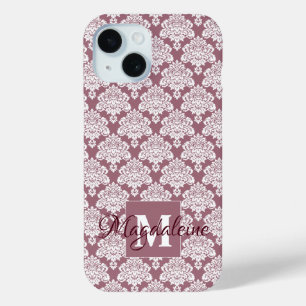 White Damask on Mauve Monogram & Name Pretty iPhone 15 Case