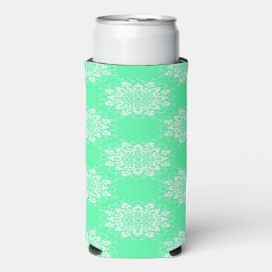 White damask on mint green seltzer can cooler
