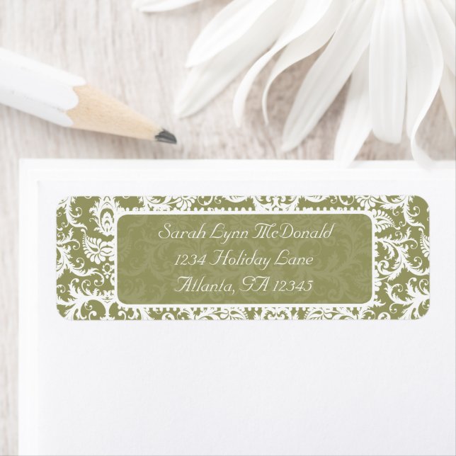 White Damask on Olive Green Gray Return Address (Insitu)