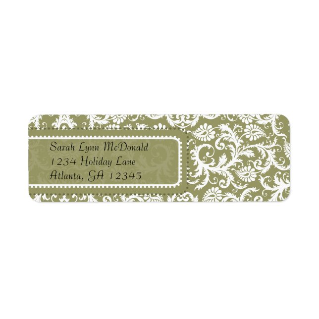 White Damask on Olive Green Grey Return Address (Front)
