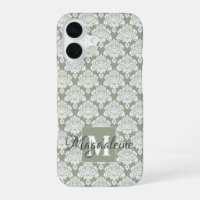 White Damask on Sage Green Monogram & Name Pretty