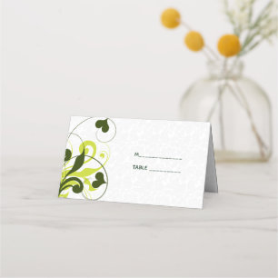 White Damask Pattern And Green Swirls Place Card
