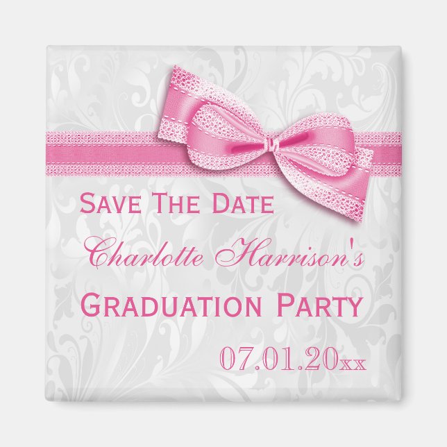 White Damask & Pink Bow Graduation Save The Date Magnet (Front)