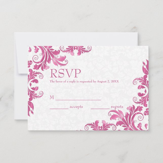 White Damask & Pink Lace RSVP Card (Front)