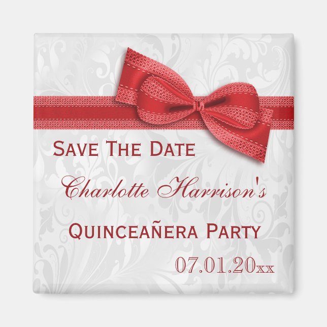 White Damask & Red Bow Quinceañera Save The Date Magnet (Front)