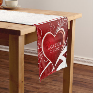 White Damask Red Hearts Short Table Runner