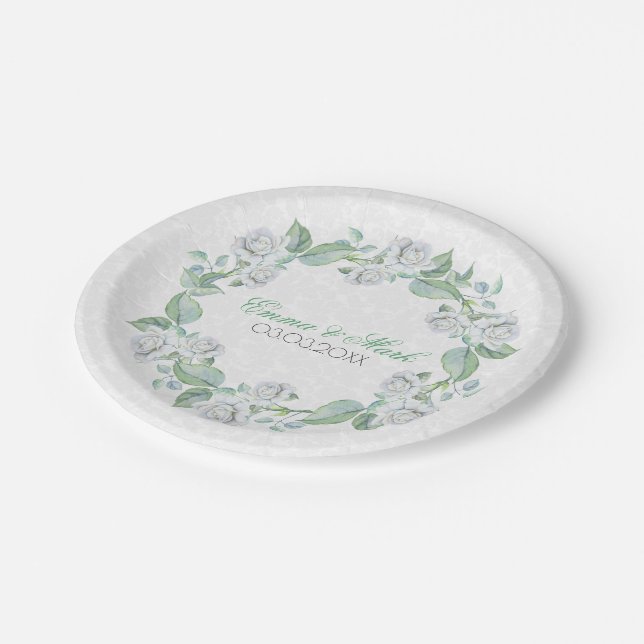 White Damask & Roses- Save The Date Paper Plate (Angled)