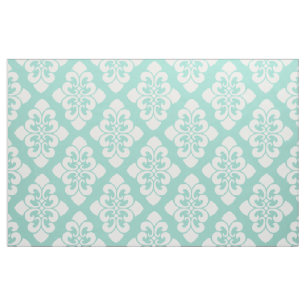 White Damask Scroll on Cool Aqua Fabric