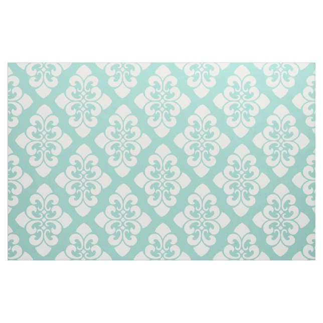 White Damask Scroll on Cool Aqua Fabric (Fat Quarter)