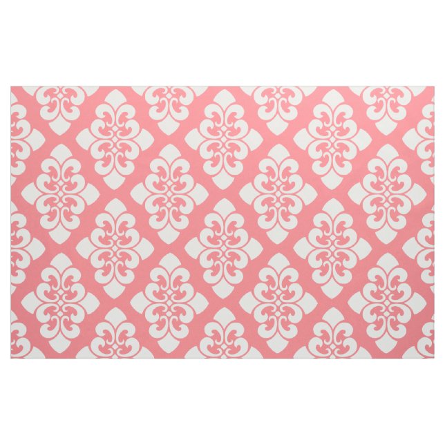 White Damask Scroll on Coral Pink Fabric (Fat Quarter)