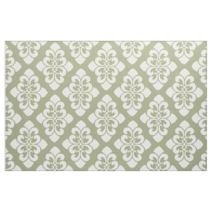 White Damask Scroll on Sage Green Fabric