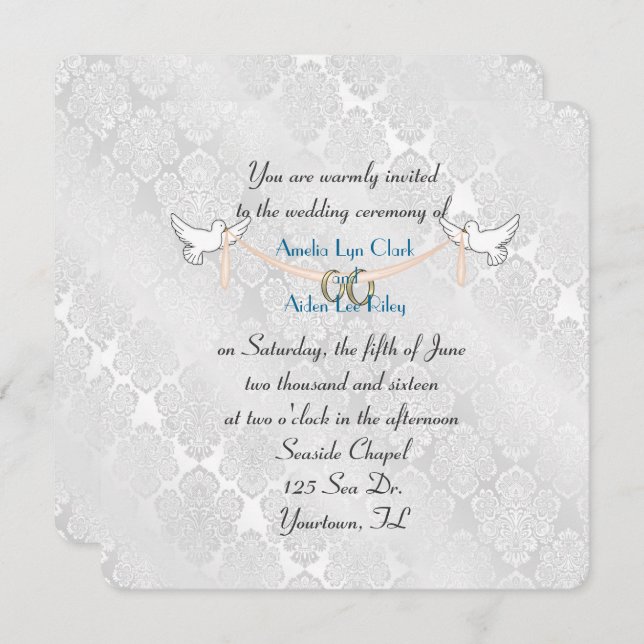 White Damask Shimmer Wedding Invitation (Front/Back)