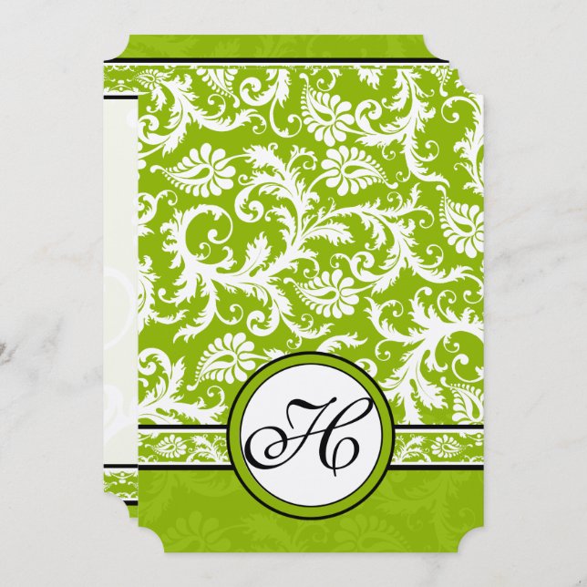 White Damask Swirls Apple Green Wedding Invitation (Front/Back)