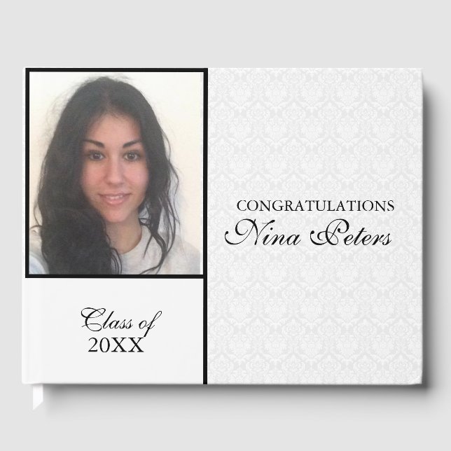 White Damask With Photo- Graduations Guest Book (Front)