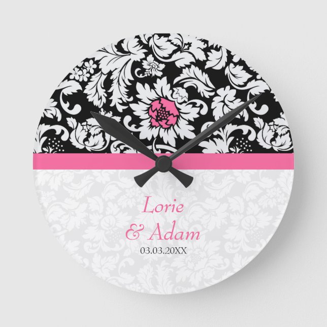 White Damask With Pink Flower Round Clock (Front)