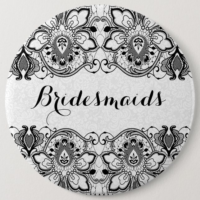 White Damasks & Black Lace Bridesmaids Button 2 (Front)