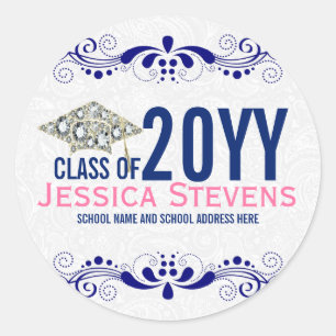 White Damasks Blue Lace & Diamonds Grad 2015 Hat Classic Round Sticker