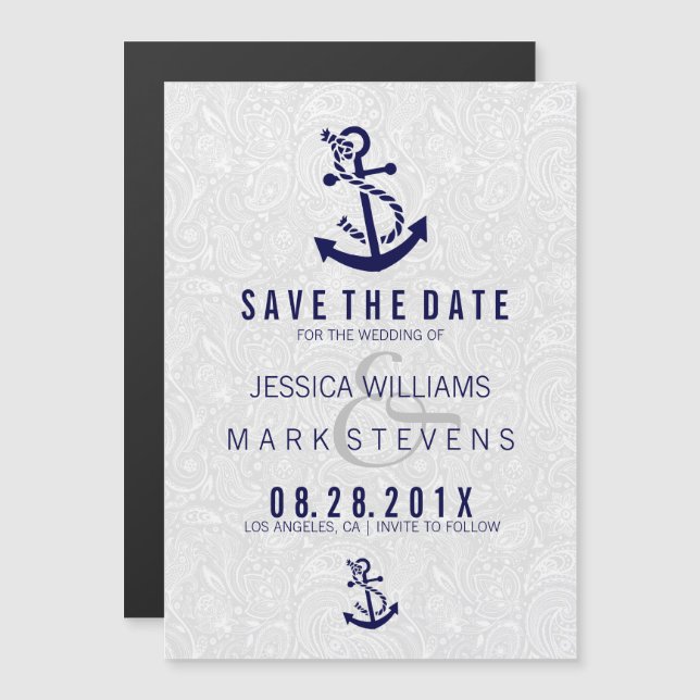 White Damasks & Blue Nautical Anchor Magnetic Invitation (Front/Back)