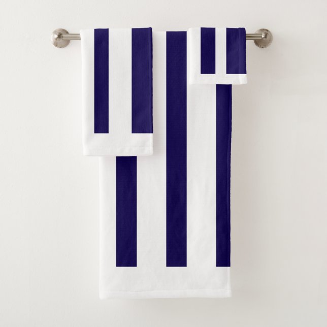 White + Dark Blue Stripes Bath Towel Set (Insitu)