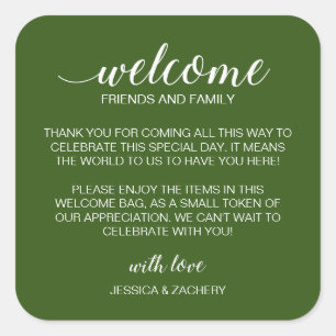 White Dark Green Wedding Welcome Gift Bag Basket Square Sticker