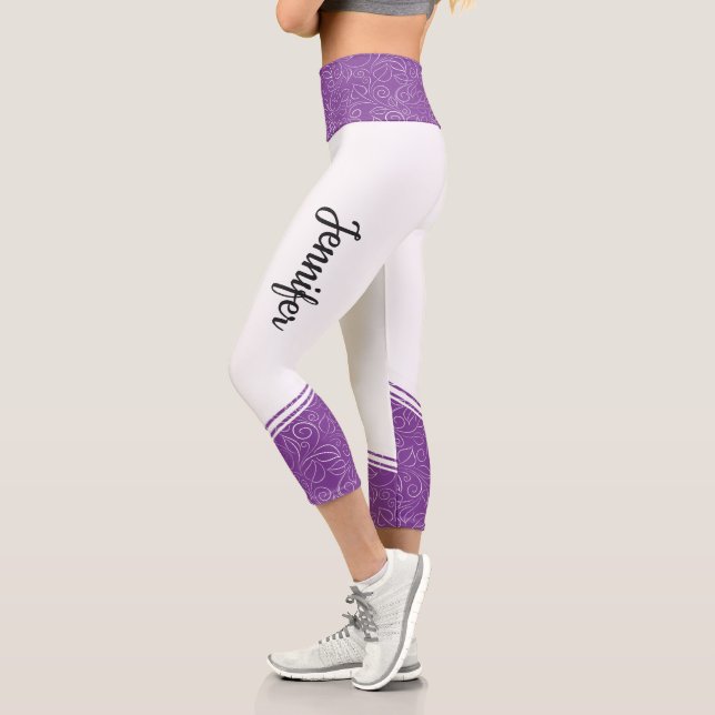 White & dark lavender floral white stripe and name capri leggings (Left)