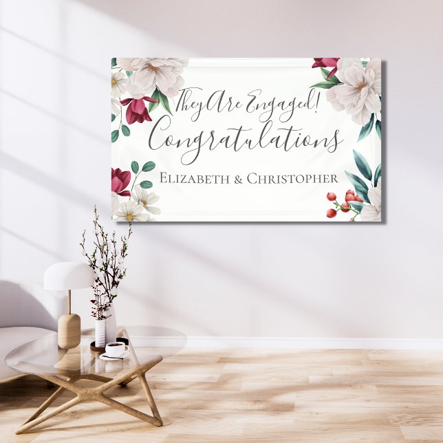 White Dark Pink Red Floral Greenery Engagement  Banner (Creator Uploaded)