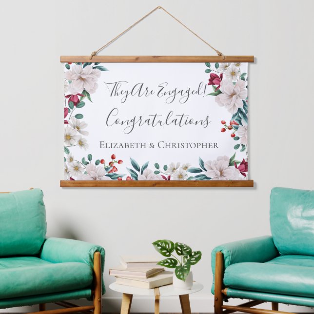 White Dark Pink Red Floral Greenery Engagement  Hanging Tapestry (Living Room)