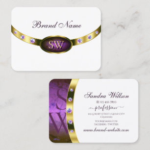 White Dark Purple Marble and Gold with Initials Business Card