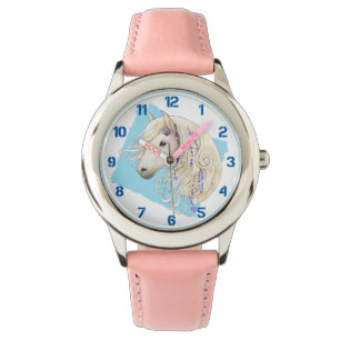 White Decorated Pony on Blue Kids Watch