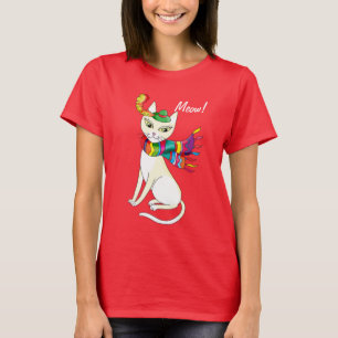 white decorative cat in a hat and scarf on black T-Shirt